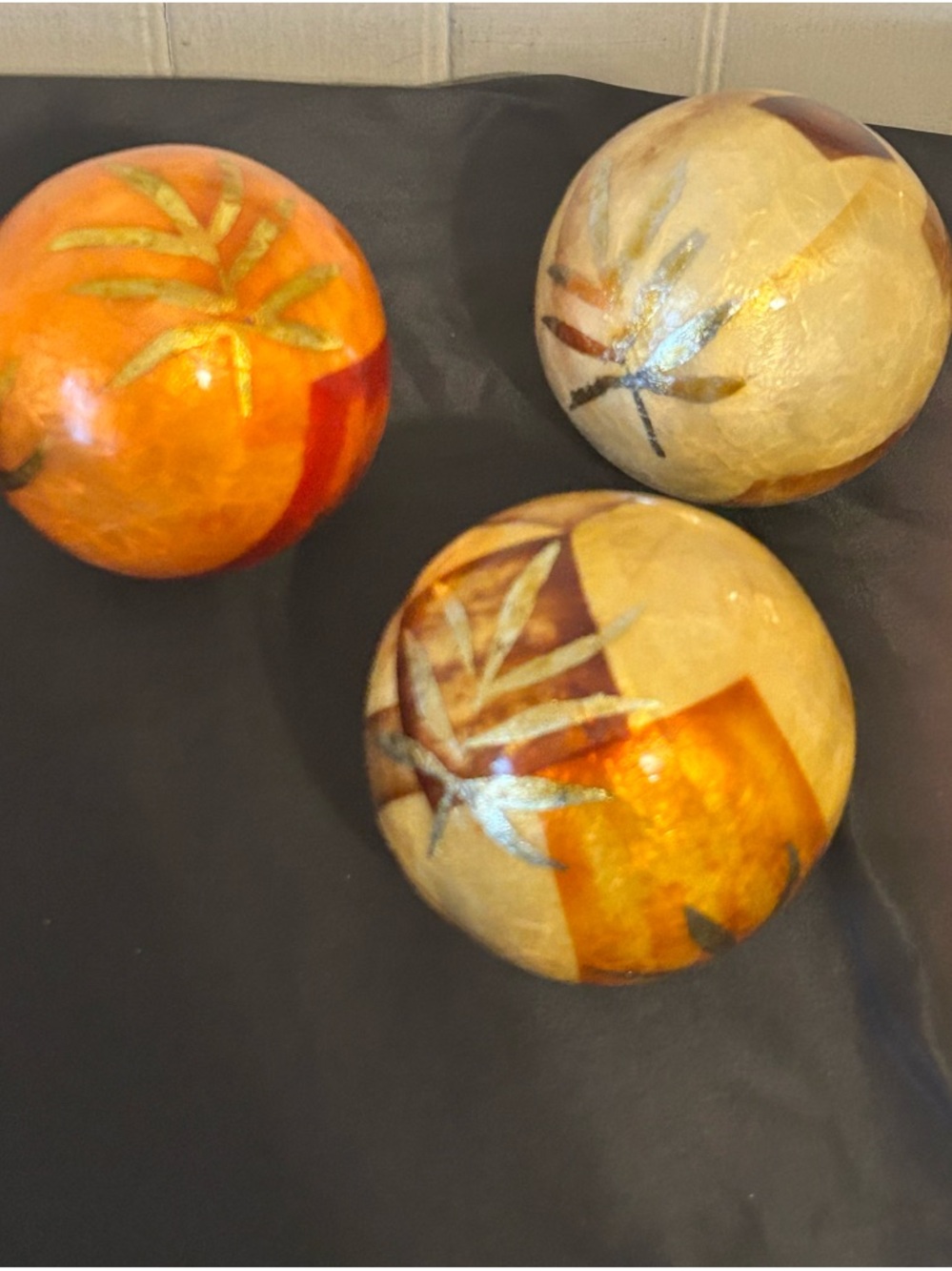 Three Vintage Pier 1 Hand-Painted Paper -Mache Decorative Spheres/Bamboo Leaf